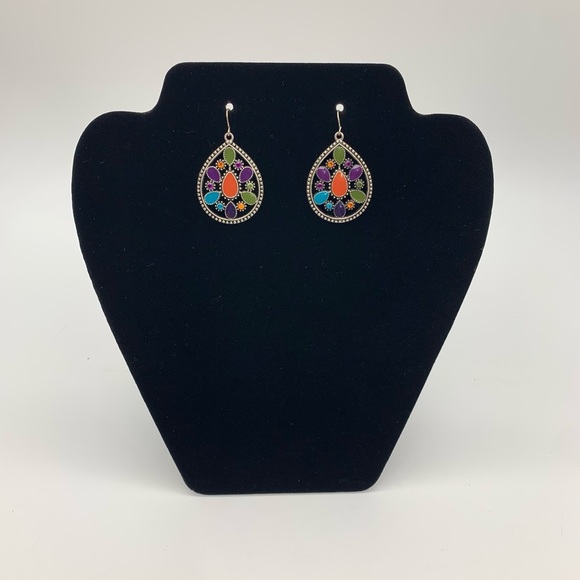 Silver Tone Colorful Enamel Rhinestones Teardrop Vtg. Dangle Drop Earrings - Picture 3 of 5
